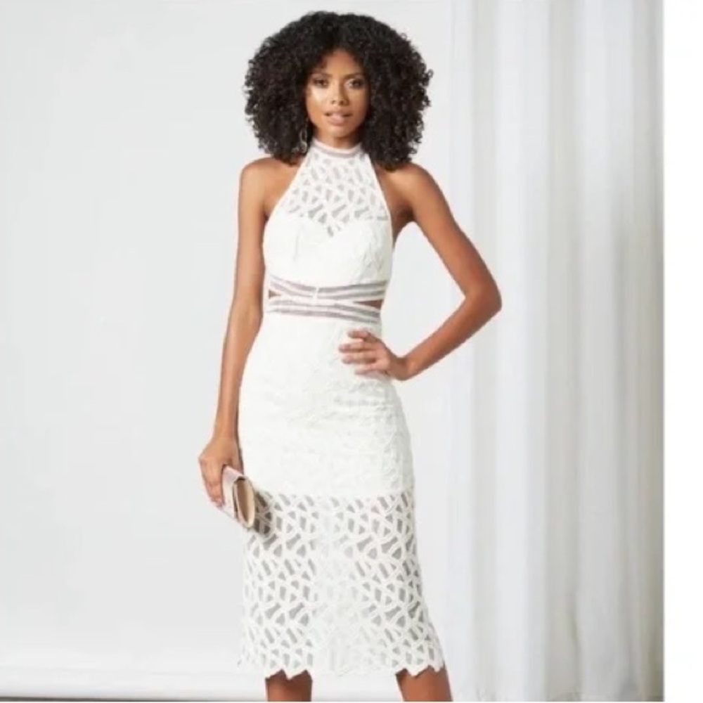 Bardot White Lace Halter Midi Dress with Cutouts